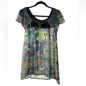 Vintage Custo Barcelona Silk Tunic Top Size 2 or S Burnt Velvet Peacock Sheer